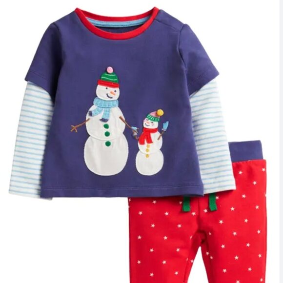Mini Boden Set Jersey Graphic Snowmen Playset Shirt & Pants Size 3-6 mo.